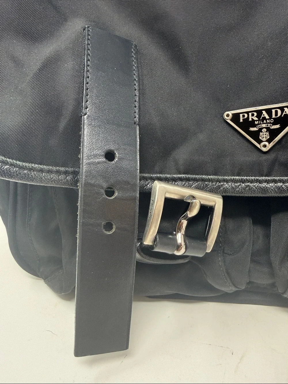 Prada Black Nylon Tessuto Messenger Crossbody Bag Leather Buckle Flap